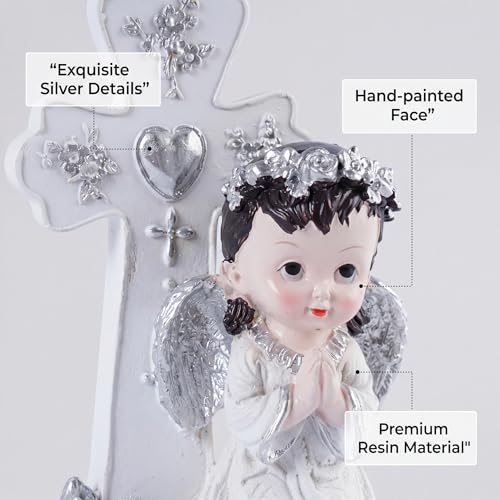 Angel Figurines Set of 2 Praying Cherub Angel Statues with Cross Backdrop White and Silver Resin Tabletop Shelf Decor for Baptism Memorial Wedding Christian Home