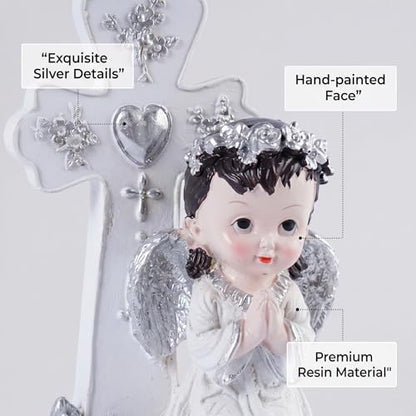 Angel Figurines Set of 2 Praying Cherub Angel Statues with Cross Backdrop White and Silver Resin Tabletop Shelf Decor for Baptism Memorial Wedding Christian Home