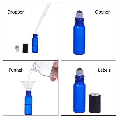 BENECREAT 30 Pack 5ml Coalt Blue Glass Roller Bottles with Stainless Steel Roller Balls, 10 Graduated Transfer Pipette and 4 Funnels for Essential Oils/Other Liquids - color: Blue, size: 5ml