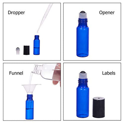 BENECREAT 30 Pack 5ml Coalt Blue Glass Roller Bottles with Stainless Steel Roller Balls, 10 Graduated Transfer Pipette and 4 Funnels for Essential Oils/Other Liquids - color: Blue, size: 5ml