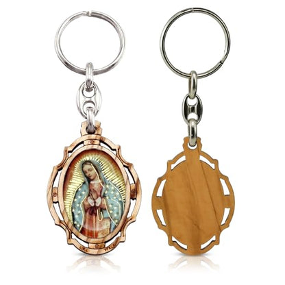 RosaryMart Olive Wood Religious Keychain for Men and Women | Catholic Keychain | Car KeyRing | Party Favors Key Holder - color: C-guadalupe
