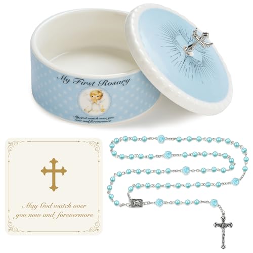 NORBU Baptism Gifts for Girl, My First Rosary with Ceramic Keepsake Box