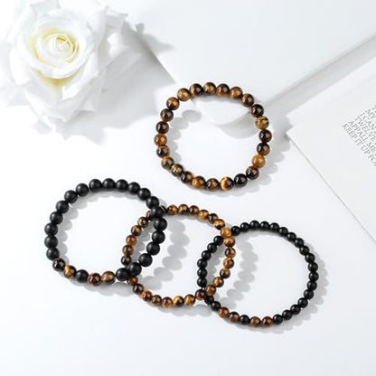 Mens Beaded Bracelets, 8MM Beaded Bracelets for Men, Natural Tiger Eye Bead Bracelet, Stretch Elastic Beads Bracelets for Men - color: 4 tiger eye black agate