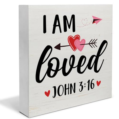 Christian Desk Decor, Rustic I Am Loved Scriptures Wooden Sign - color: Loved