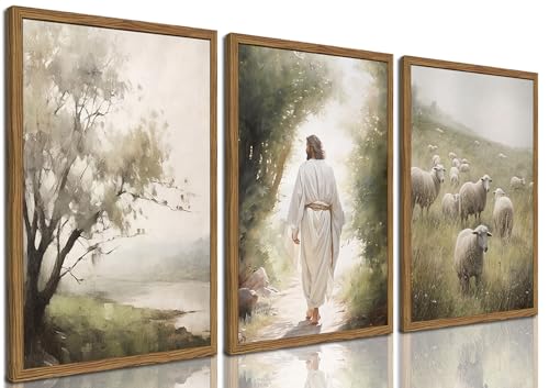 Framed Jesus Leaves the 99 Sheep Canvas Wall Art Set of 3, Christian Pictures Wall Decor, Jesus and Lost Lamb Painting Prints Religious Home Decor for Living Room Bedroom Church Prayer Room 12x16 inch - color: Jesus and Lost Lamb, size: 16"L x 12"W