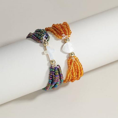 5Pcs Set Cross Beaded Crystal Turquoise Colorful Stretch Bracelet Christian Matching Strand Bracelet for Women Holiday Bohemian Boho Jewelry Multilayered Handmade - color: F