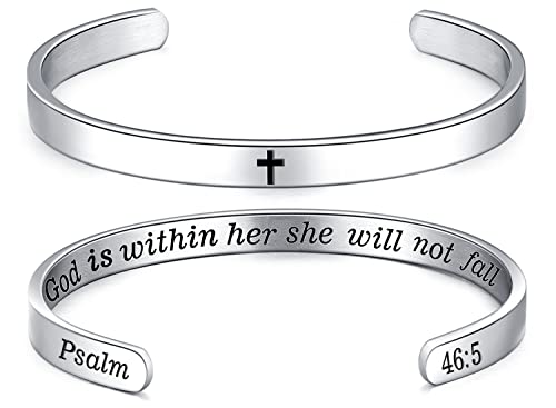 MUERDOU Inspirational Cuff Bracelet Bangle for Women Christian Bible Verse Bracelet Prayer Faith Religious Stainless Steel Bangle Gifts for Her - style: God is within her,she will not fall