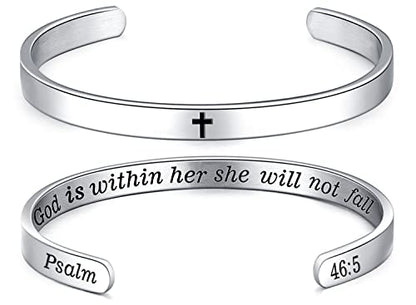 MUERDOU Inspirational Cuff Bracelet Bangle for Women Christian Bible Verse Bracelet Prayer Faith Religious Stainless Steel Bangle Gifts for Her - style: God is within her,she will not fall