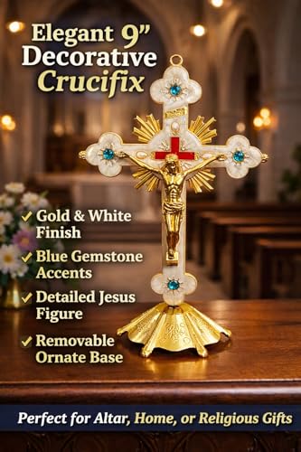 Aura Zen Store Crucifix 9 Inch Desk - Wall Cross with Stand Base - Gold & White Catholic with Jesus Figure, Blue Stone Accents, Religious Altar Decor, Christian Gift for Home, Church or Prayer Space