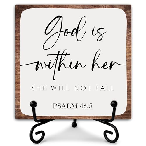 God Is Within Her She Will Not Fall Wooden Sign Decor, Psalm 46:5 Scripture Plaque, Rustic Wooden Plaque Sign With Iron Stand, Christian Home Office Restroom Desk Shelf Decorations - style: Christian