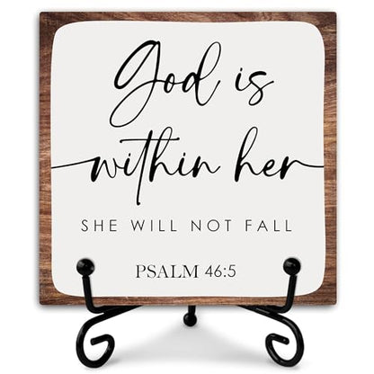 God Is Within Her She Will Not Fall Wooden Sign Decor, Psalm 46:5 Scripture Plaque, Rustic Wooden Plaque Sign With Iron Stand, Christian Home Office Restroom Desk Shelf Decorations - style: Christian
