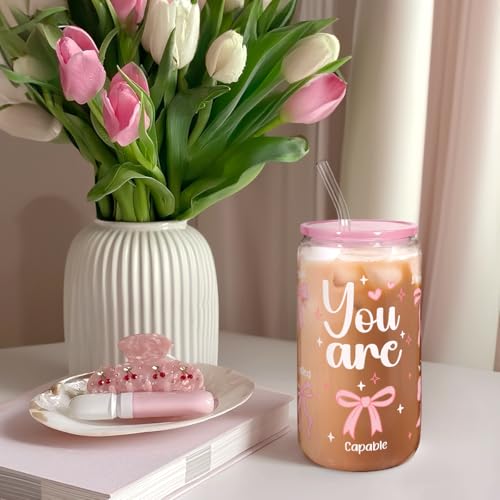 SANDJEST Christian 16oz Can Glass Tumbler with Acrylic Lid & Straw, Iced Coffee Cup for Women Girls, Aesthetic Cups Gifts for Birthday Christmas - color: Inspiration 5