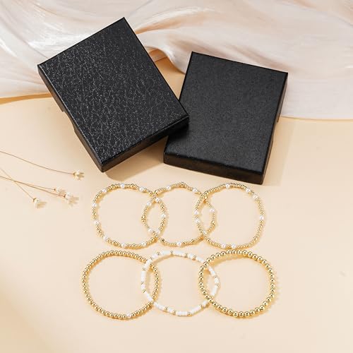Turandoss 5PCS Gold Beaded Bracelets for Women Teen Girls, 14K Gold Plated - color: 6PCS White Seed Beaded Bracelets