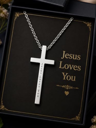 Engraved Cross Necklace for Men, Women & Boys & Girls Cross Necklace, Stainless Steel Cross Pendant Necklace, Faith & Inspiration Christian Jewelry Gift - color: Jesus Loves You