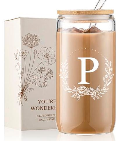 Personalized Gifts for Women, Monogrammed 16oz Glass Cups with Bamboo Lids and Straws, Customized Glass Tumbler, Cute Custom Mug, Customizable Initial Iced Coffee Glasses, Birthday Bridesmaid Mom, P - style: P
