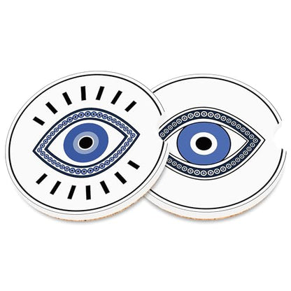 Beaded Blue Eye Symbol Coaster for Cup Holders, Greek Evil Eye Ceramic Drink Coasters for Most Cars, Set of 2 Absorbent Auto Cup Holder 2.56" - color: Blue Evil Eye