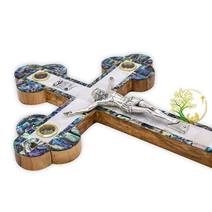 XLarge Handmade Mother of Pearl wall cross inlaid over Olivewood- Modern Religious Home wall décor - Unique Wooden crucifix for all occasions