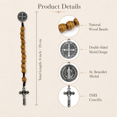 8 Inch Wooden Pocket Rosary for Men, Rosario with Saint Benedict Medal - color: Black