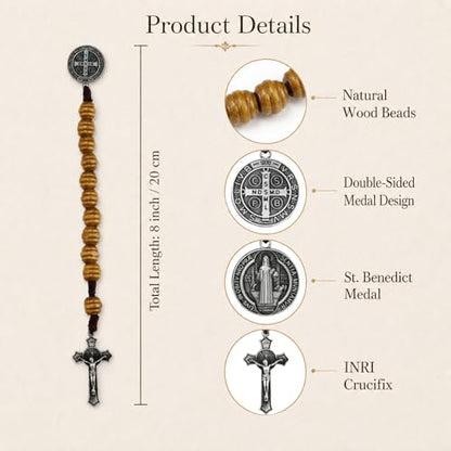 8 Inch Wooden Pocket Rosary for Men, Rosario with Saint Benedict Medal - color: Black