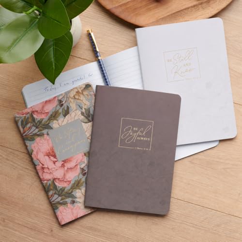 Christian Art Gifts Notebook Set: Be Strong and Courageous, Christian Gifts for Women, Slim Notebooks, Cardstock, Bible Verses, Flexible Cover, Lined Paper, 64 Pages Each, Floral, Pink, Set/3 Large