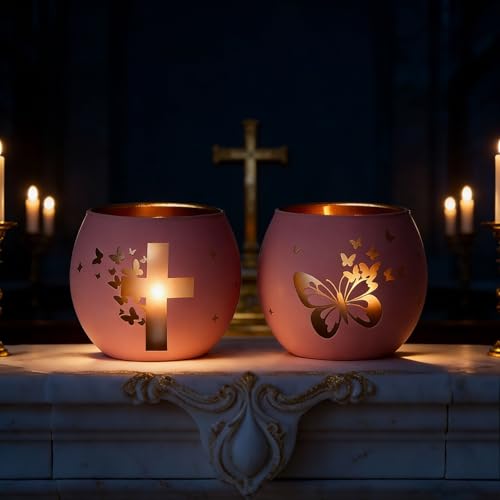 Religious Gifts for Women & Girls, Set of 2 Pink Butterfly Cross Tealight Candle Holders for Table Decor, Christian Baptism, Confirmation, Memorial, Easter Gift