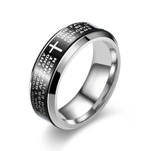 Fidget Spinner Lord's Prayer Ring Titanium Steel Christian Cross Bible Verse Ring, Anxiety Relief Religious Jewelry, Rotatable Prayer Fidget Accessory