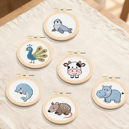 57lilina Easy Embroidery Kit for Kids Beginners, 6 Set Cute Stamped Pattern - color: Ant Eating Beast+Cow+Peacock+Dolphin+Manatee+Sea Lion