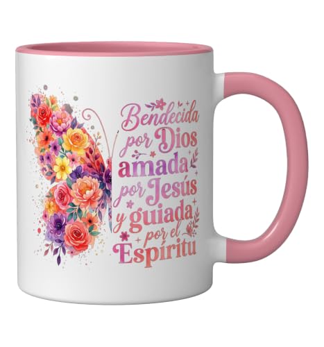 Bendecida Por Dios Amada Por Jesus Christian Spanish Floral Ceramic Mug, Pink/White - color: Pink/White, size: 11 Ounces