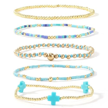 Gold Beaded Bracelets Stack for Women Stackable 14K Gold Plated Beads Ball Cross Bracelet Boho Christian Jewelry Faith Friendship Birthday Gifts for Women - color: Blue