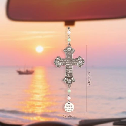 Cross Car Mirror Hanging Christian Gifts for Men Women, Metal Daily Bible Verse Car Rearview Decor Accessories, Christ Ornament Religious Gift for Truck Driver