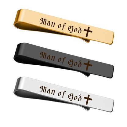 Man Of God Tie Clips 3 Set - Godfather Godson Christmas Engraved Gifts for Men Son Husband Dad Birthday Gifts from Wife - style: silver & gold & black