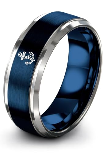 Gift for Nautical Fan - Anchor With Rope Ring - Men Women - Tungsten - Flat Dome Bevel - Band - Yellow Gold Black Silver Blue - Anniversary Wedding - 8mm - Brushed Polished - Personalized Custom Engra - color: 08 - Blue Grey Tungsten