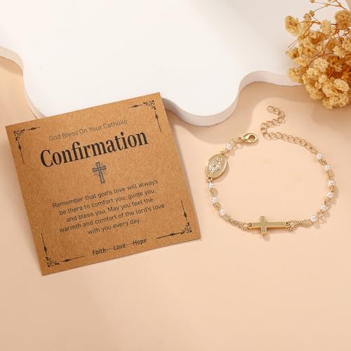 Catholic Bracelets Gifts for Women Girls, Simulated Pearl Rosary Beads Virgin Mary Cross Charm Bracelet Confirmation First Communion Baptism Religious Christian Jewelry Gift - color: Confirmation Gold