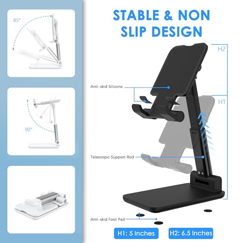 2 Pack Cell Phone Stand for Desk, Adjustable Angle & Height, Foldable Portable Phone Holder with Anti-Slip Silicone Pad, Compatible with iPhone 18/17/16/Smartphones 4–8 Inch, Black&White - color: (2 PCs) Black&White