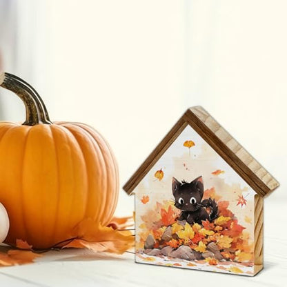 Cute Fall Decor, Black Cat Maple Leaves House Shaped Wood Sign - color: Cat