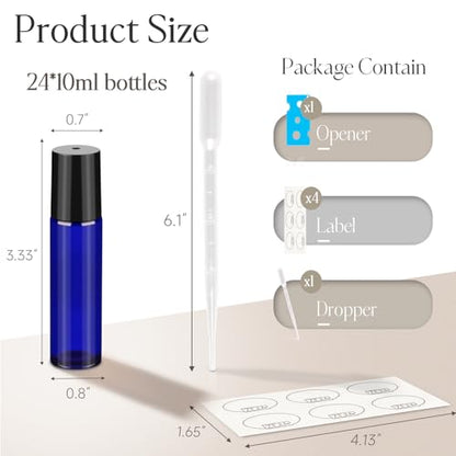 10ml Roller Bottles for Essential Oils, 24Pack Glass Roll on Bottles - color: Blue
