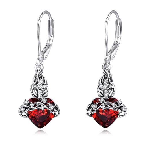 Sacred Heart Of Jesus Dangle Earrings For Women, 925 Sterling Silver Religious Jewelry With Heart-Shaped Zircon And White Zircon Cross Thorns, Gift Box Included