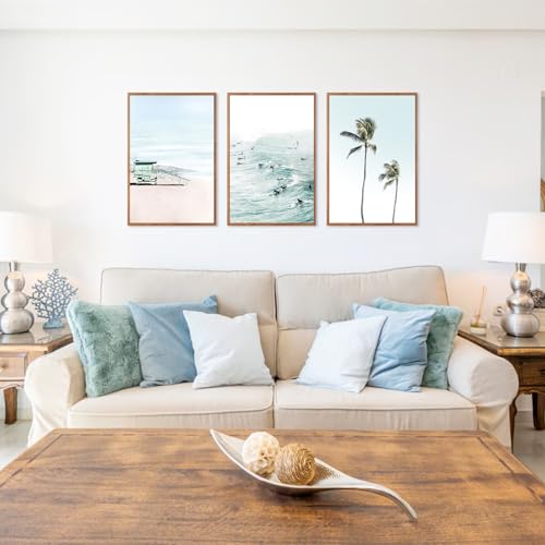 CHDITB Coastal Beach Framed Wall Art Tropical Palm Tree Ocean Surfing Decor - color: Ocean, size: 16"L x 24"W