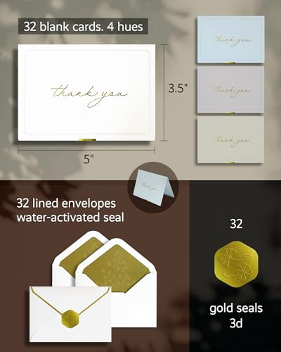 ukee's Thank You Cards, Gold Foil, 32 Cards with Envelopes and Stickers