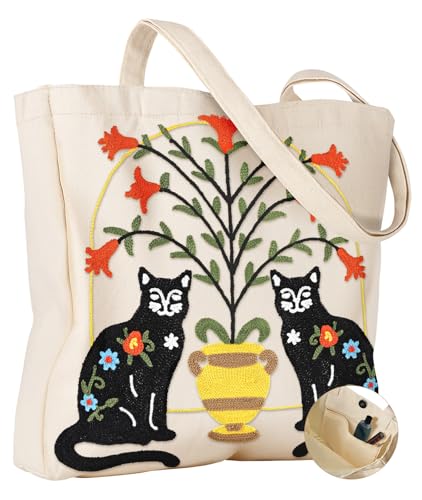 Miss Adola Embroidery Canvas Tote Bag with Pocket & Buckle - color: Cat
