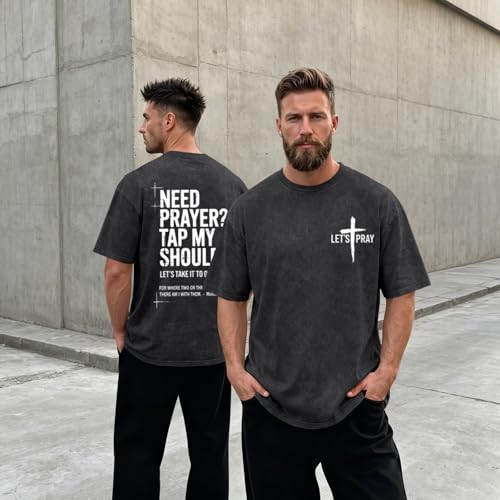 BINTEHGS Mens Christian T Shirts Need Prayer Tap My Shoulder Shirt Jesus Faith Oversized Graphic Tees God Acid Wash Tshirt - color: Black, size: Large