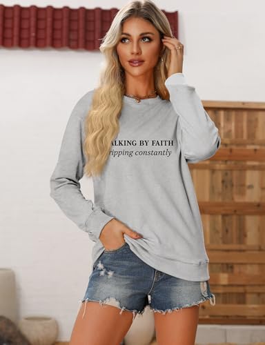 Christian Sweatshirts for Women Religious Faith Graphic Crewneck Pullover Shirts Casual Long Sleeve Inspirational Tops - color: Grey, size: Medium