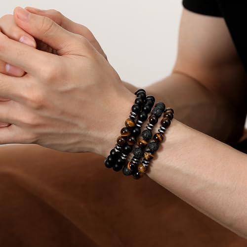 Mens Beaded Bracelets, 8MM Beaded Bracelets for Men, Natural Tiger Eye Bead Bracelet, Stretch Elastic Beads Bracelets for Men - color: 4 black yellow volcanic stone