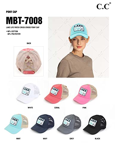 C.C Ponycap Messy High Bun Ponytail Adjustable Mesh Trucker Baseball Cap Hat - color: Criss Cross Patch Lake Life, Pink
