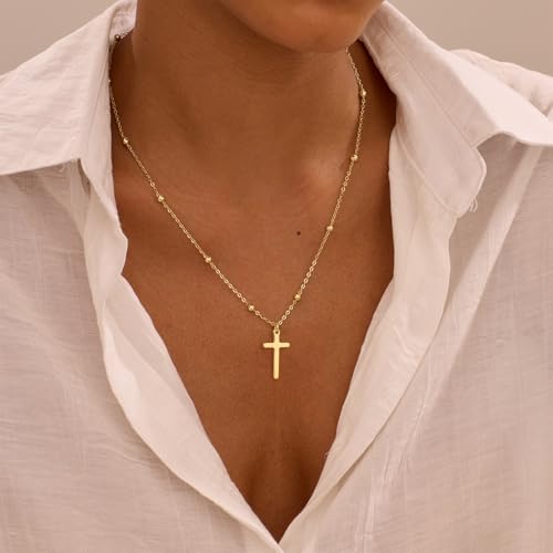 Cross Necklace for Women, Dainty 14K Gold Plated Cross Pendant Simple Long Necklaces for Women, Christian Faith Necklace Trendy Gold Jewelry Gifts for Easter - color: gold bead cross necklace