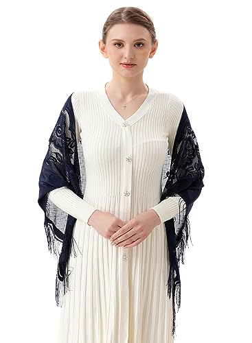 PAMOR Triangle Catholic Church Veil Chapel Veil Scarf Mantilla Veils Wrap Shawl Mass Head Covering with Fringe Trim - color: Navy Blue