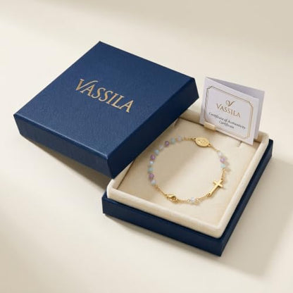 18K Gold Plated 316L Stainless Steel Rosary Bracelet for Women, Amazonite Amethyst Larimar Stone Beaded Cross Bracelet with Religious Medal, First Communion Confirmation Baptism Religious Gift Jewelry, 7.5inch