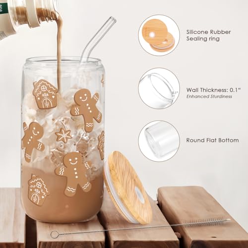 SANDJEST Gingerbread Christmas 16oz Can Glass Tumbler with Bamboo Lid & Straw - Iced Coffee Cup for Women Girls, Aesthetic Cups Gifts for Xmas - color: Christmas 2
