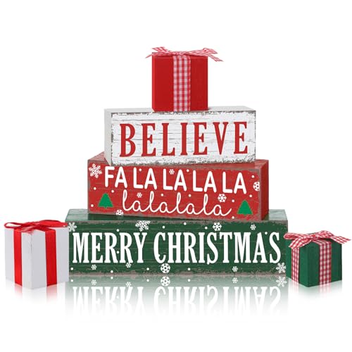 Geelin 4 Pcs Christmas Wooden Table Decorations Gift Boxe Tiered Tray Decor - style: Gift