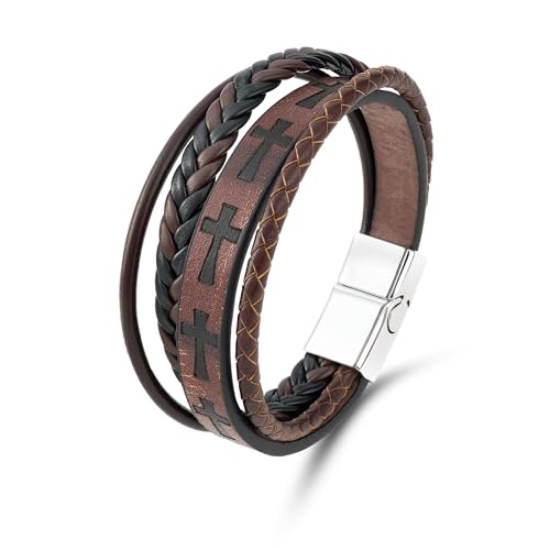 Mens Leather Cross Bracelet Multilayer Braided Wristband Bangle Bracelets with Stainless Steel Buckle Religious Gift for Men Brown/Black/Blue–8.3 inch - color: Brown-1, size: 8.3in(Fits most wrists)